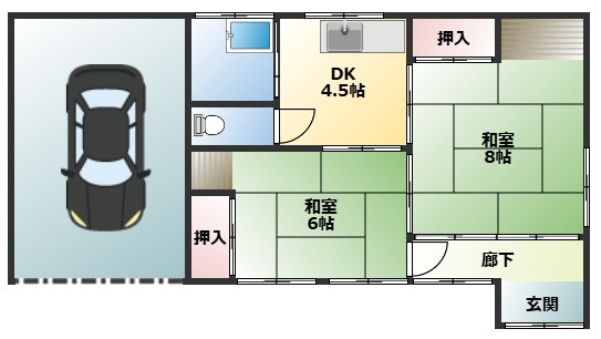 桜川市友部中古戸建ての間取り|居宅車庫付き