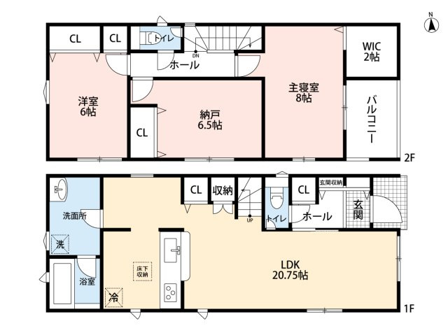 小牧市大字二重堀　新築戸建　１号棟の間取り|LDK20.75帖のゆとりの空間。
使い方自由な納戸ペースあり。