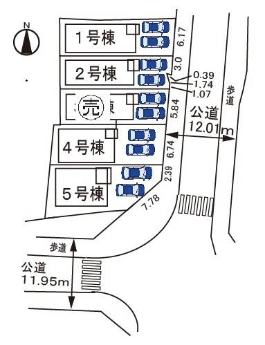 小牧市大字二重堀　新築戸建　１号棟の区画図|全５区画。駐車場並列２台。