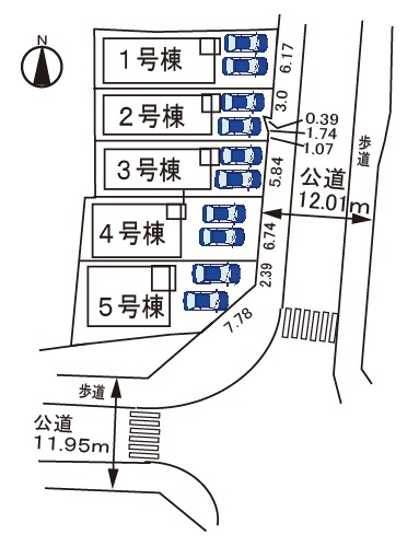 小牧市大字二重堀　新築戸建　２号棟の区画図|全５区画。駐車場並列２台。
