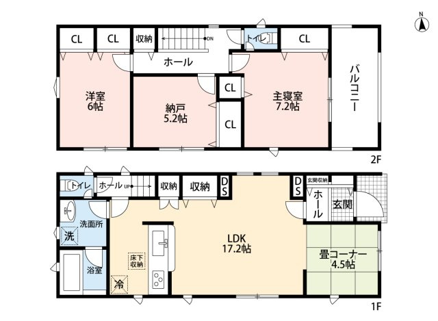 小牧市大字二重堀　新築戸建　３号棟の間取り|LDK17.2帖＋タタミコーナー4.5帖ののゆとりの空間。
広々インナーバルコニー。