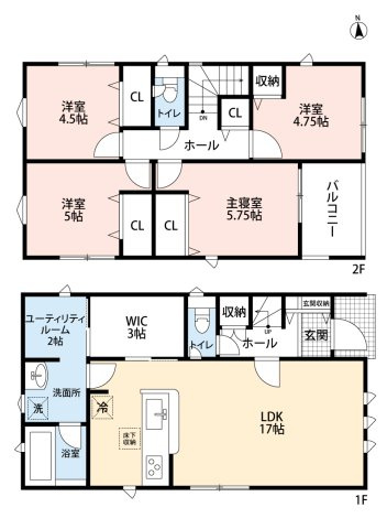小牧市大字二重堀　新築戸建　４号棟の間取り|１階にうれしいファミリークローゼットあり♪
ユーティリティルームあり♪　４LDK。