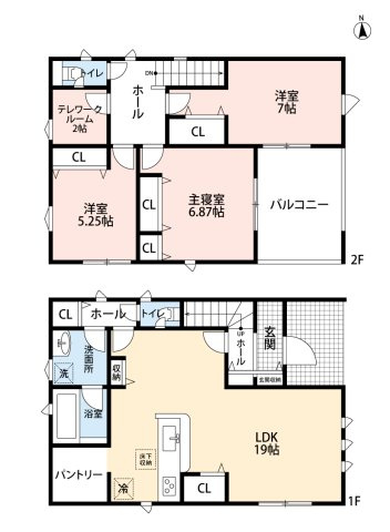 小牧市大字二重堀　新築戸建　５号棟の間取り|南東角地・陽当たり良好。
広々パントリーあり♪　LDK19帖にリビング収納あり。テレワークルームあり！