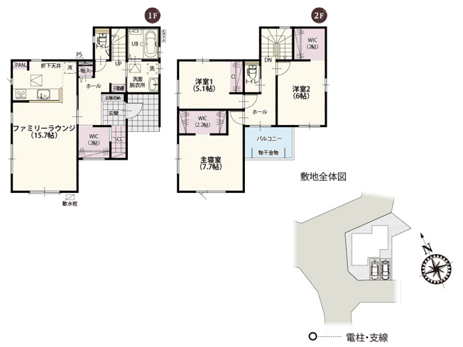 【間取り】 | ワイウッドコート北足立郡伊奈町中央第1期 | 1階ホール、主寝室、洋室2には2帖以上のウォークインクローゼットを設けた収納たっぷりの家！大きなもの