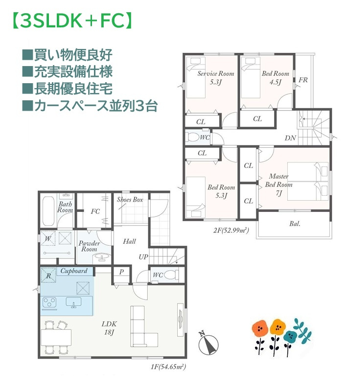 秦野市第3渋沢　新築戸建　全１棟の間取り|1Fに大型クローゼット◎洗面・脱衣を分離し身支度がスムーズに♪
居室やリモートワークなど用途を限らないサービスルーム付◎