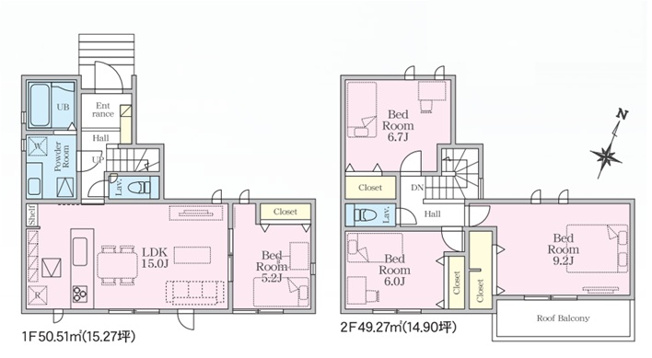 【間取り】 | 高崎市石原町　新築住宅 | 広々とした15帖のLDKに、主寝室（9.2帖）を含む全4居室を備えたゆとりある4LDKです。各個室に便利なクローゼットを完備しているほか、2階には開放的なルーフバルコニーも付いています。