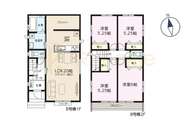 守谷市松ケ丘6丁目　新築戸建て　B号棟の間取り|4LDK＋パントリー、土地面積120.71m2、建物面積93.15m2
