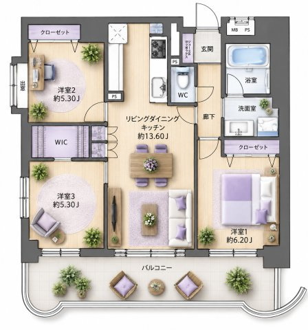 【間取り】 | ダイアパレス大濠公園Ⅱ☆仲介手数料無料☆ | ※本図に表示されている家具・家電・照明・インテリア・観葉植物等は、AIによる配置イメージです。実際には設置されておらず、売買対象にも含まれません。図面と現況が相違する場合は、現況を優先いたします。