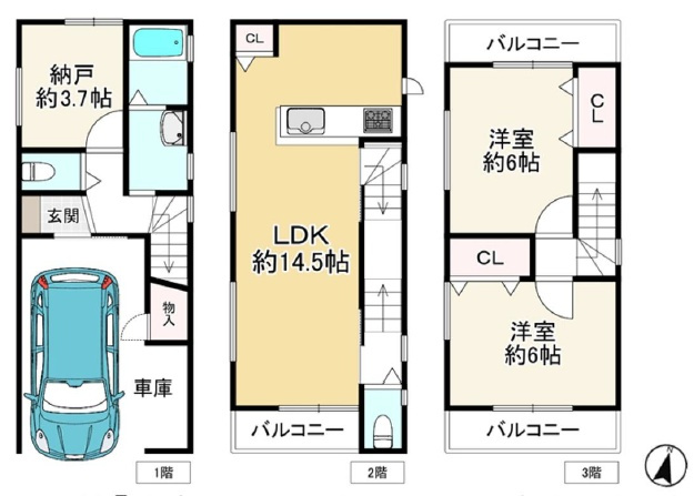 尼崎市稲葉荘　新築一戸建ての間取り