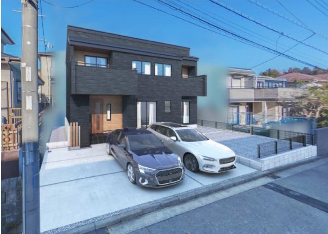 【横浜市都筑区加賀原1丁目38-15新築戸建て】★仲介手数料無料★（都田西小学校・川和中学校）の外観パース|重厚感のあるダークカラーを基調としたスタイリッシュな外観デザイン。駐車スペースは並列3台分を確保しており、来客時やご家族で複数台所有される方にも嬉しい住まいです。