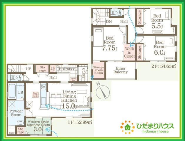 いわき市中岡町1丁目1期　新築戸建　2号棟の間取り|全居室収納スペースあり！荷物が多くても十分に納まります(^^♪