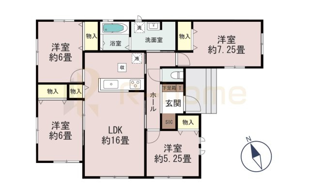 ひたちなか市津田　新築戸建て　A号棟の間取り|4LDK＋SIC、土地面積227.68m2、建物面積91.91m2、位置指定道路持分1/7