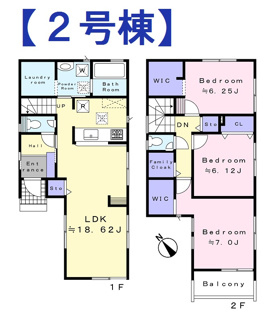 【間取り】 | 府中市四谷3丁目新築戸建 | 全居室6帖以上、ファミリークローク・ＷＩＣ2か所と収納たっぷりな新築です。