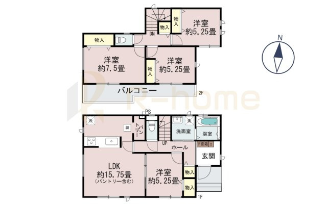 ひたちなか市津田　新築戸建て　B号棟の間取り|4LDK＋パントリー、土地面積226.20m2、建物面積96.46m2
