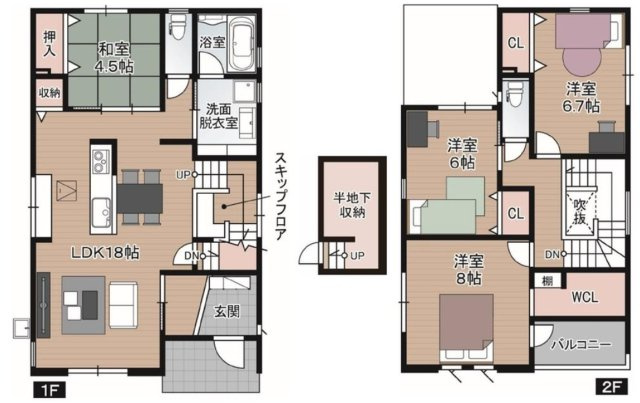 介良　新築戸建　1号棟　（全5区画）の間取り|4LDK+WCL+スキップフロア+半地下収納　
建物面積112.61㎡（約34.06坪）