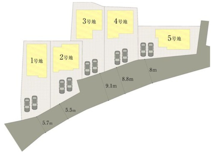 介良　新築戸建　1号棟　（全5区画）の区画図|1号棟　土地面積　216.38㎡（約62.51坪）　建物面積112.61㎡（約34.06坪）