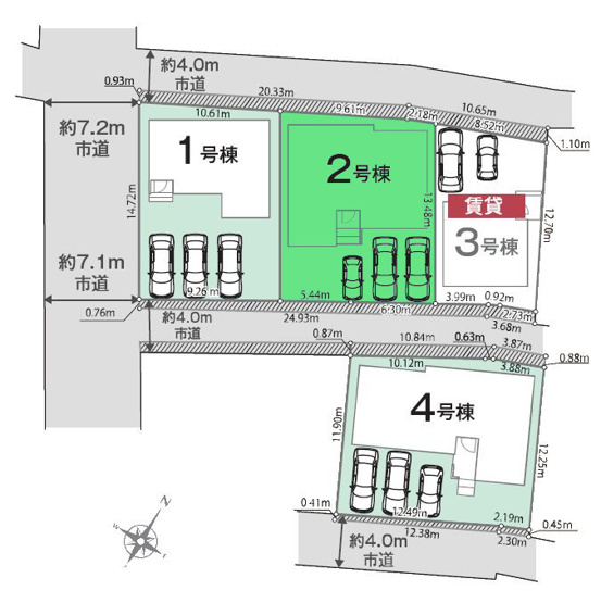 【区画図】 | リナージュ高崎市下小鳥町01期ー② | 六郷小学校まで1Km！カインズまで徒歩8分！
カースペースは並列3台駐車可能！