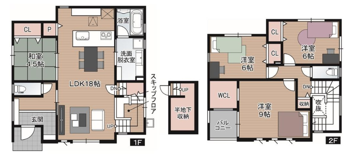 介良　新築戸建　2号棟　（全5区画）の間取り|4LDK+WCL+パントリー+スキップフロア+半地下収納　
建物面積113.02㎡（約34.19坪）