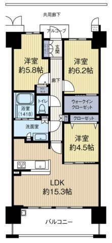 リバーガーデン森の城の間取り|中古マンション　3LDK　専有面積：74.33㎡（壁芯）　バルコニー面積：11.97㎡　西向き