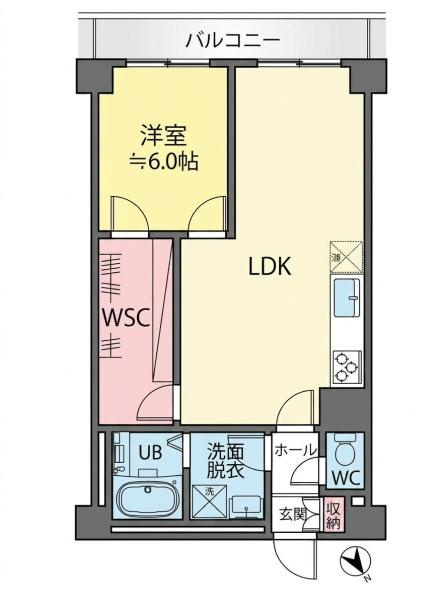シャンボール相模原の間取り|洋室とLDKが独立しており使い分けしやすい間取りです。広いウォークインクローゼット付きで収納力があります。南向きバルコニーに面した明るい空間です。玄関には収納スペースも設けられています。