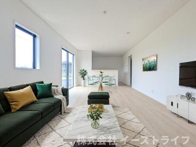 【新築戸建】　いわき市小名浜住吉第5　全4棟の居間・リビング|4号棟のLDKに家具を配置したイメージ画像です。
※本画像はCGで作成しており、実際に現地に 家具は置かれておりません。また、価格に 家具は含まれておりません。