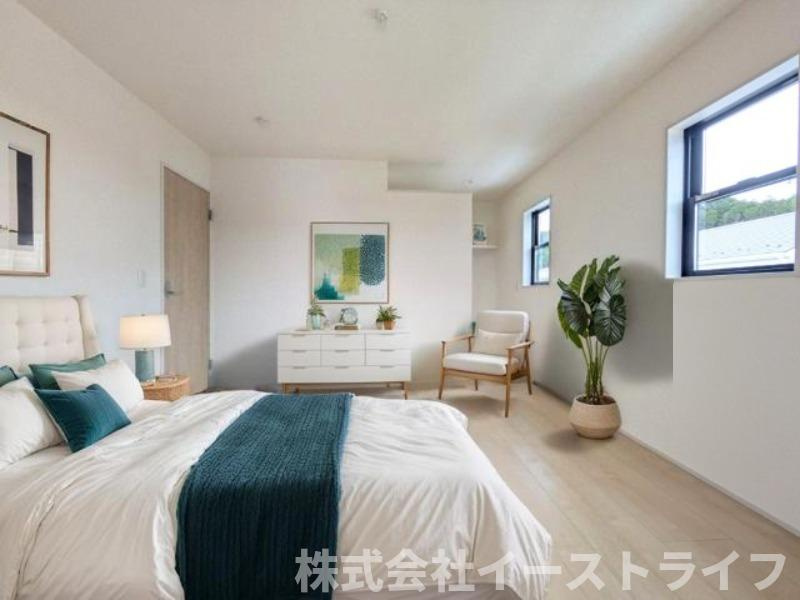 【新築戸建】　いわき市平南白土2期　長期優良住宅の寝室|1号棟の寝室に家具を配置したイメージ画像です。※本画像はCGで作成しており、実際に現地に 家具は置かれておりません。また、価格に 家具は含まれておりません。