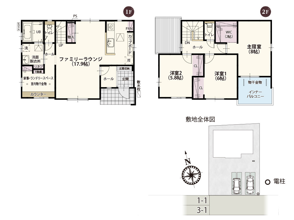 ワイウッドコート本庄市本庄第9期の間取り|洗面脱衣所近くのランドリースペースは室内物干し金物とカウンター付きなので洗濯物を干して畳める便利なス