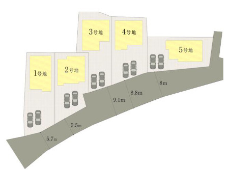「小中学校も身近な好立地」高知市介良乙5号地　新築一戸建ての区画図|全5区画。