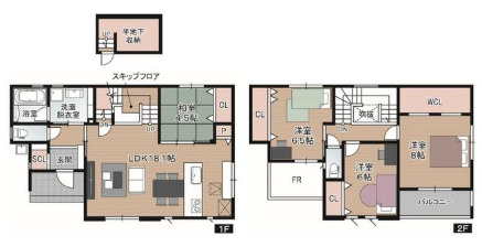 「小中学校も身近な好立地」高知市介良乙5号地　新築一戸建ての間取り|スキップフロア×半地下収納。縦に広がる遊び心満載の４LDK！