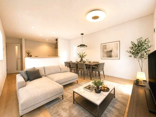 【居間・リビング】 | 福岡市南区横手1丁目第7　1号棟（全4棟）【仲介手数料無料・0円】 | 現地写真。家具・家電等はCGによる配置例です。物件には含まれません