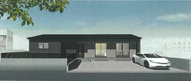土佐市高岡丙-建築条件付き-売土地の外観パース|モダンで洗練された印象を与える平屋の外観は、周囲の街並みと美しく調和します。飽きのこないシンプルなデザインと耐久性の高い外壁素材を採用しているため、将来にわたって美しい佇まいを長く維持できます。