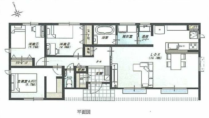 土佐市高岡丙-建築条件付き-売土地の参考プラン|階段のないフラットな平屋の間取りは、上下階の移動がないため家事動線が非常に短く効率的です。将来にわたって長く安全に暮らせるユニバーサルな設計になっており、どの部屋にいても家族の気配を感じられます。