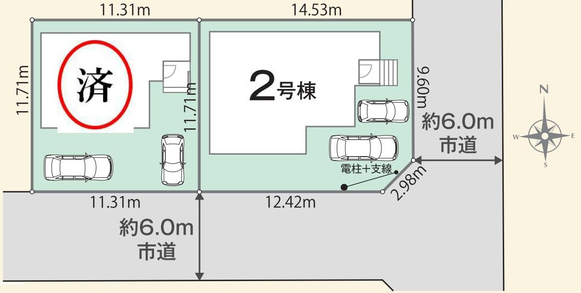 吉川市中曽根2丁目　新築平屋戸建　全2棟　2号棟の区画図|カースペース並列2台可能！開放的な角地