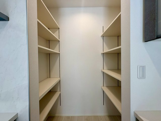 「広々4LDK」高知市瀬戸東町3丁目1号地　新築一戸建ての収納|キッチンのすぐ横に配置された大容量のパントリー。可動棚付きで、食材のストックや調理器具をすっきり収納。