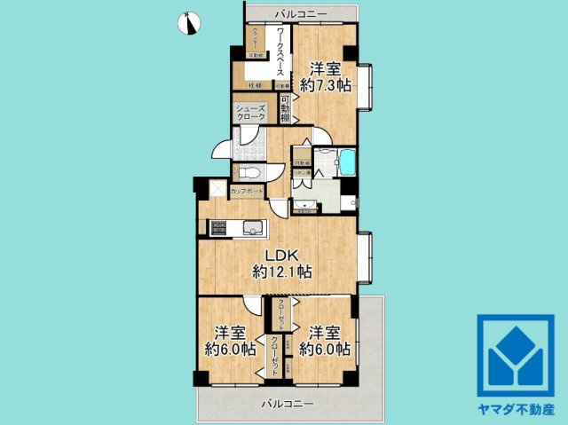パラツィーナセシリア西宮2の間取り|3LDK、専有面積84.12平米、バルコニー面積17.85平米、6階建て3階部分の三方角住戸。2026年6月リフォーム済の大変綺麗なお部屋で、即ご入居いただけます。