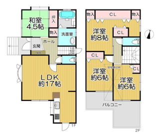【間取り】 | 宝塚市安倉中４丁目中古戸建 | 南向きで陽当たり良好な４LDKの 間取りです♪駐車スペース２台分有り！！屋根裏収納も有り、収納豊富です！！