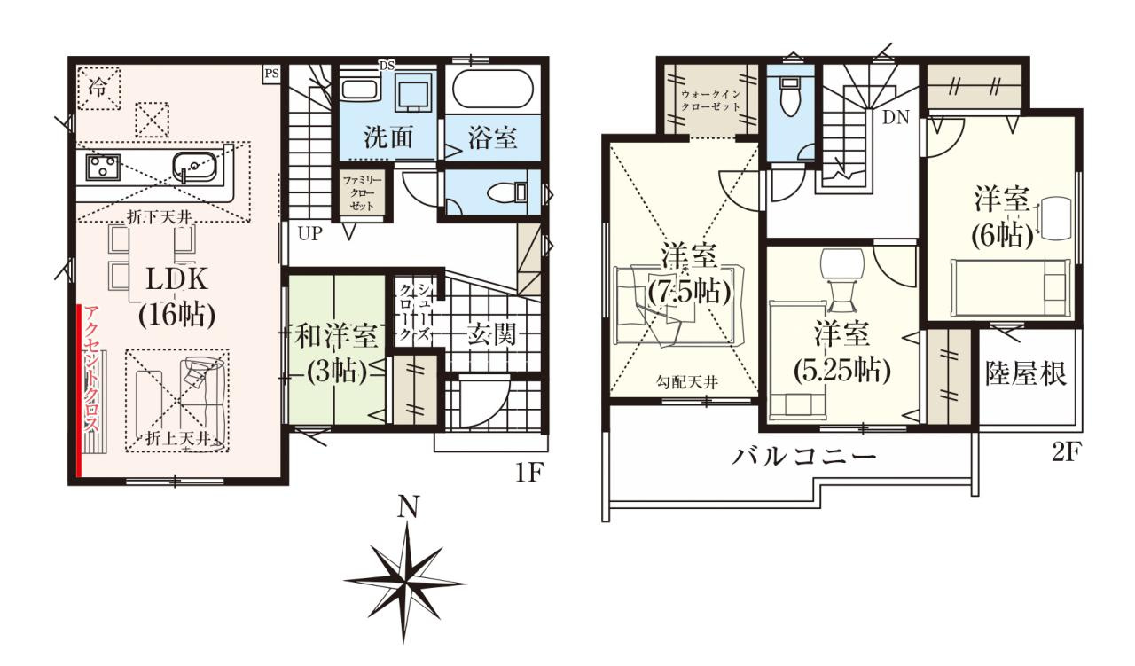 高知市昭和町 1棟1 新築戸建ての間取り|全室南向きでどのお部屋も明るく、全室２面採光により家全体の風通しを確保した健やかな間取りです。カースペース２台分と各室のクローゼットが連動し、荷物の持ち運びや片付けがしやすい利点があります。