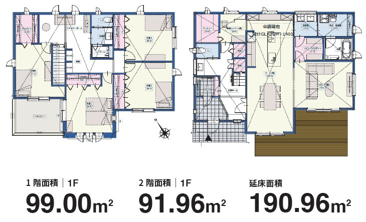 深沢５　土地の参考プラン|☆建物参考プラン有り☆三井ホーム作成
1階99.00㎡　2階91.96㎡　延床面積190.96㎡
※建築条件はございません。お好きなハウスメーカーで建築可能です