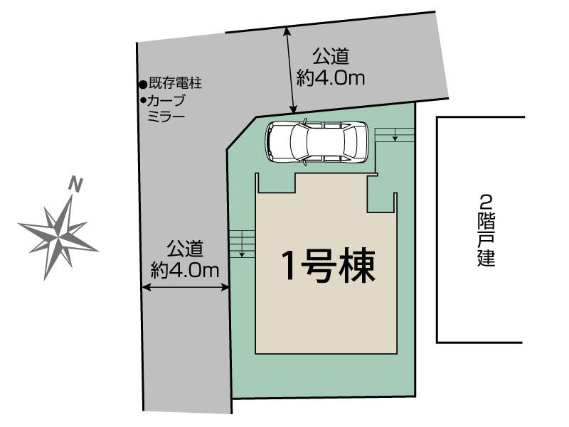 富士見市渡戸３丁目の新築一戸建の区画図|南西・北西角地につき、開放的な立地です。