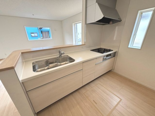 クワイエ　岐阜市旦島中町第３　全１区画分譲のキッチン|お手入れがラクなステンレスをワークスペース部分トップに使用した、機能的で美しいシステムキッチンです。
浄水器組込み水栓でシンクまわりがスッキリ広々お使いいただけます。フラットな造りでお掃除も楽々です。