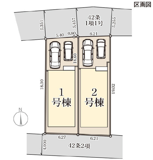 リーブルガーデン宜野湾市嘉数・２号棟の区画図|区画図／接道状況：北側5.25ｍ・南側3.71ｍ道路