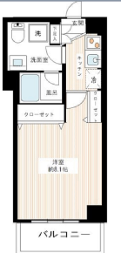 REALIZE蒲田Ⅱ（レアライズの間取り|間取り　1K洋室8.1帖バストイレ別独立洗面台付！インターネット無料