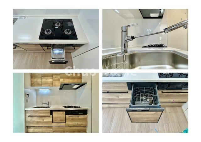 レックス北千住のキッチン|【システムキッチン】ワイドで収納豊富な使い勝手の良いシステムキッチンには、食洗器・伸縮タイプのキッチン水栓、三ツ口コンロ・魚焼きグリルなどの便利な設備が標準完備されています。