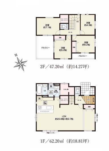 TERRACE　水戸市吉沢町　5期 　1の間取り|　
☆広々LDKは明るく開放的。間仕切りも可能です。家族の気配が感じられて安心できるリビング階段。洗面室隣りにリネン庫、WICなど大容量の収納スペースがあります。