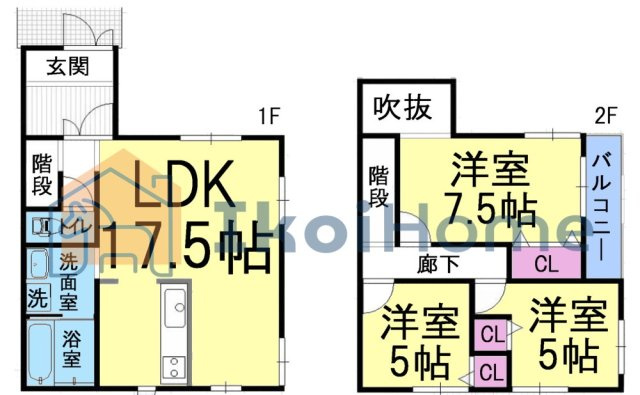 明石市二見町西二見　中古戸建の間取り|●年中無休：当日予約可●ゆったりとした3LDKの間取り！2階7.5帖洋室には吹抜もございます♪