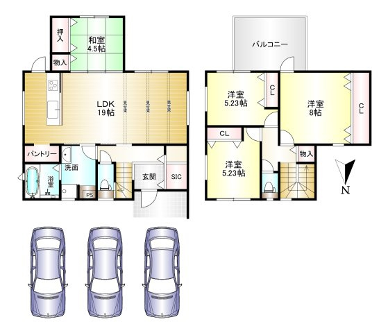 葛城市笛堂 全4区画 1号地の間取り|4LDK　土地面積：202.02㎡　建物面積：105.57㎡　駐車スペース3台