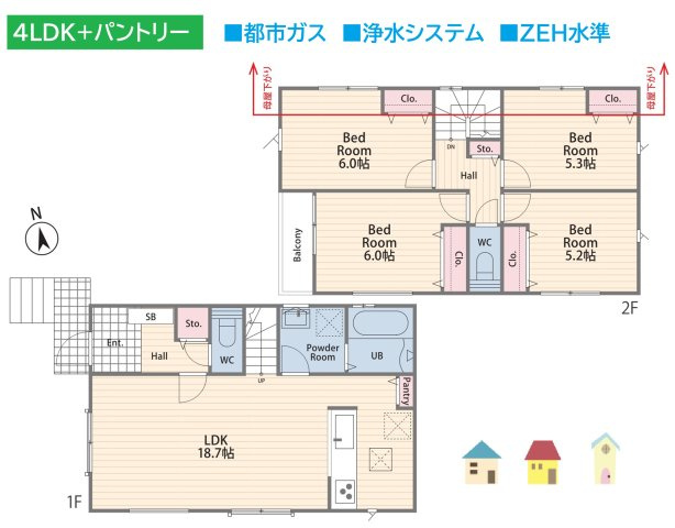 【間取り】 | リビングは広々18帖で、ご家族でゆったりと過ごせます♪　　
「ミラブルzero」「ミラバス」等暮らしを彩る設備が充実☆
