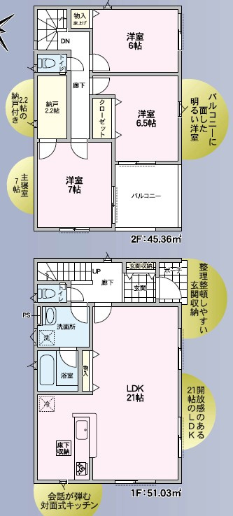 塩尻市大門一番町　新築一戸建ての間取り|家族団らんに広々21帖LDKが自慢のお住まいです
