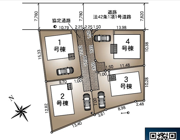 塩尻市大門一番町　新築一戸建ての区画図|全4棟完成が待ち遠しいですね