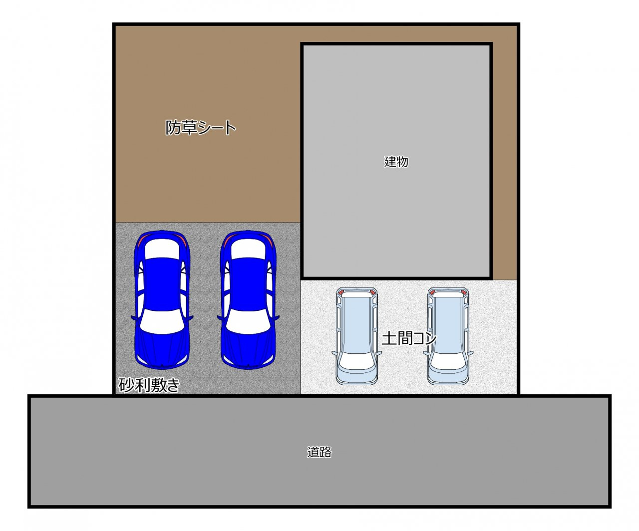 柏崎市荒浜１丁目　戸建てのその他|【区画図】駐車は4台可能です。前面道路はほとんど他の車は通りませんので、安心して車の出し入れを行うことが出来ます。